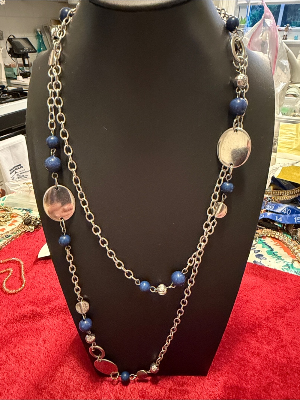 Silver Chain Necklace with Blue Beads can be doubled; 46 “ good condition